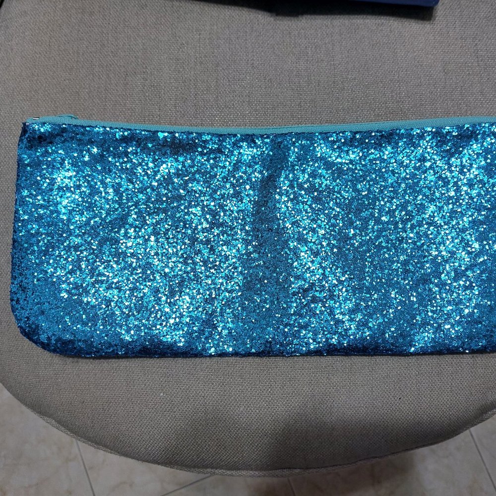Blue Glittering Zippered Makeup or Any Organizer Bag Practical Long Size